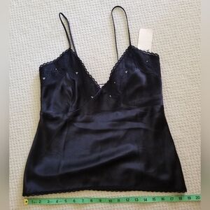 NWT Meghan Noland blk. lacy silk cami with diamond rhinestone studs. Size M.